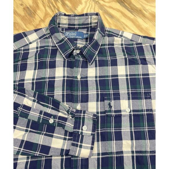 Polo Ralph Lauren XL Flannel Shirt Navy Blue Plaid 100% Cotton Button Down - Picture 1 of 9